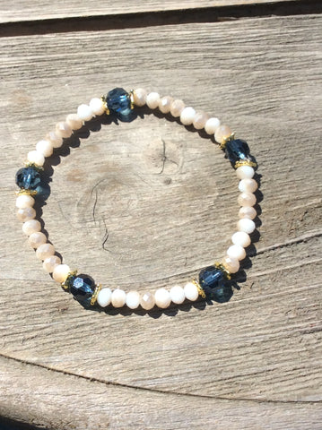 Navy Blue With Tan/ White Crystal Stretch Bracelet