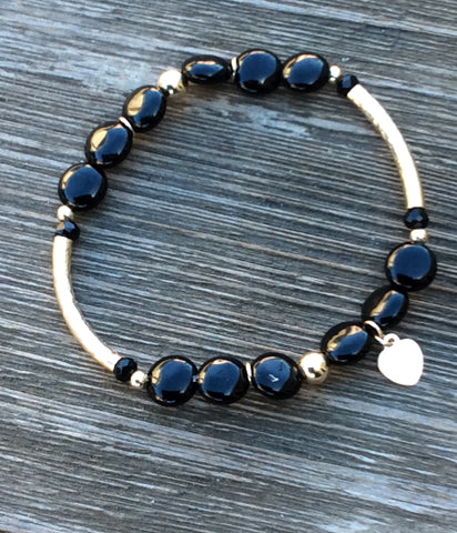 Gold and Black Agate Stretch Bracelet