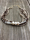 Freshwater Pearl & 5 Strand Bronze Seed Bead Bracelet