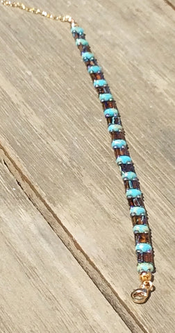 Gold Filled Square Beaded Bracelet in Turquiose & Brown