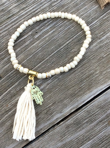 Cream Beaded Hand & Tassel Bracelet