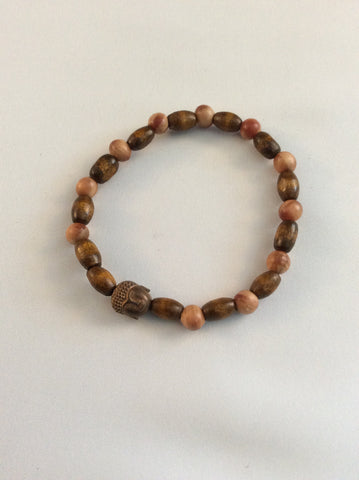 Natural Wood and Brass Buddha Head Bracelet