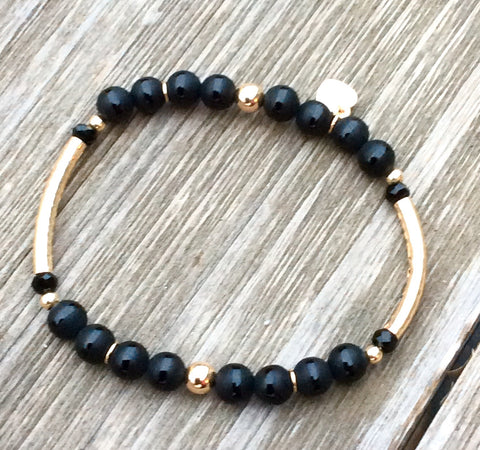 Gold & Pin Stripe Onyx Stretch Bracelet