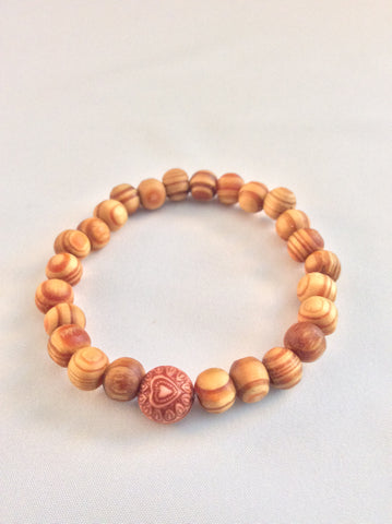 Sandal Wood & Heart Bead Stretch Bracelet