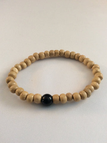 Natural Wood & Black Jasper Bead Bracelet